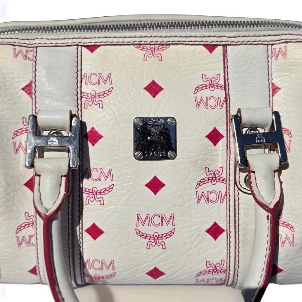 MCM Visetos Boston Bag Mini - White with Pink - Picture 7 of 13